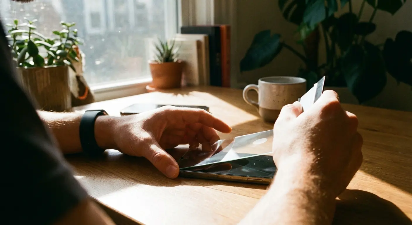 Person installing screen protector for outdoor adventure