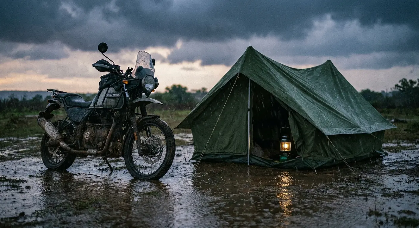 Motorcycle tent setup in rugged terrain