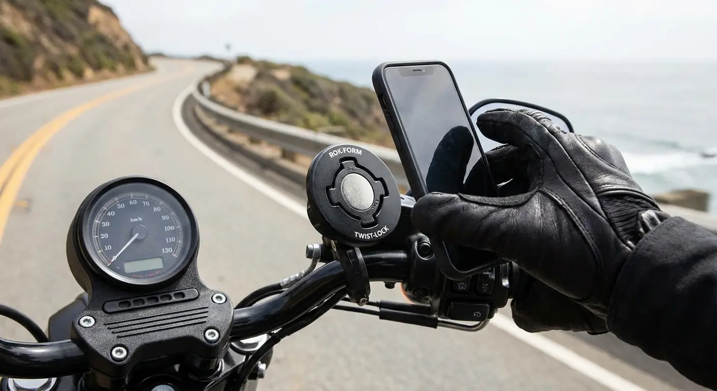 Rokform motorcycle phone mount installed on handlebars