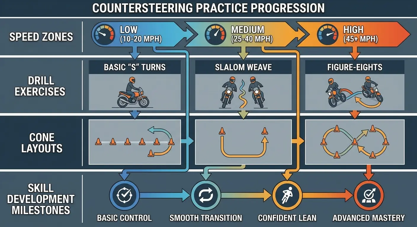 Motorcycle rider practicing turns in controlled environment