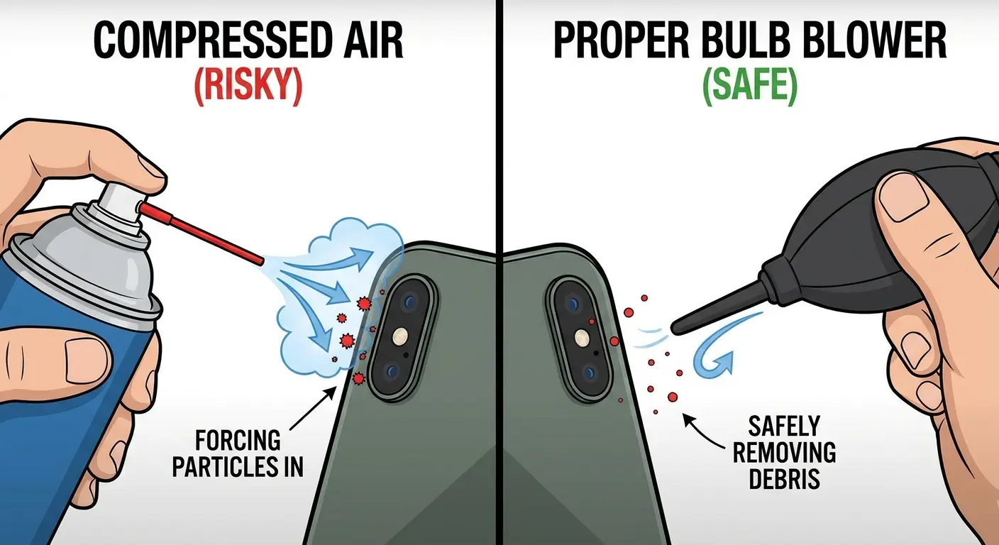 Compressed air forcing particles into lens housing