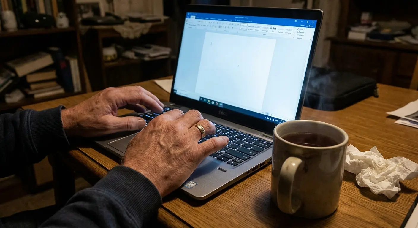 Man struggling to write a eulogy for his brother on a laptop