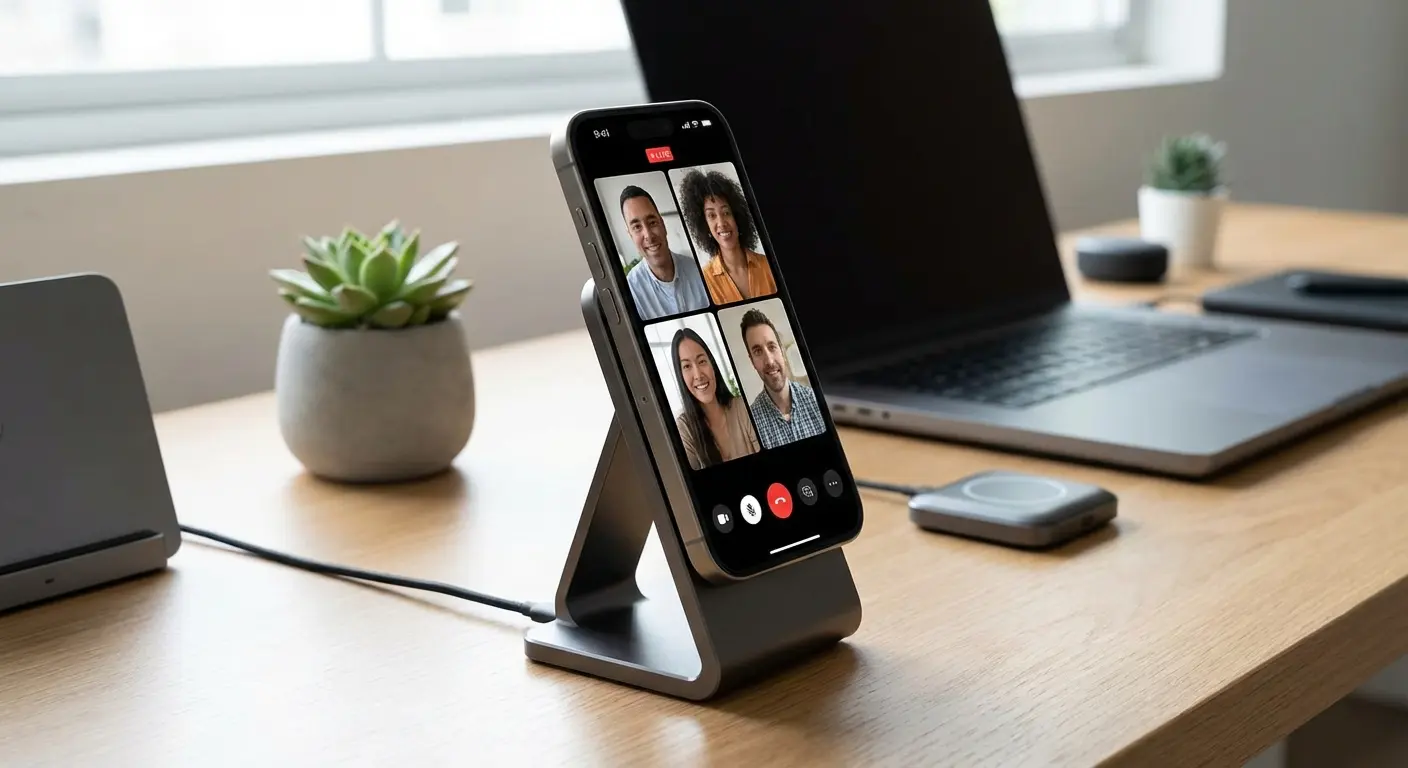 Phone mounted on a Rokform stand for hands-free viewing