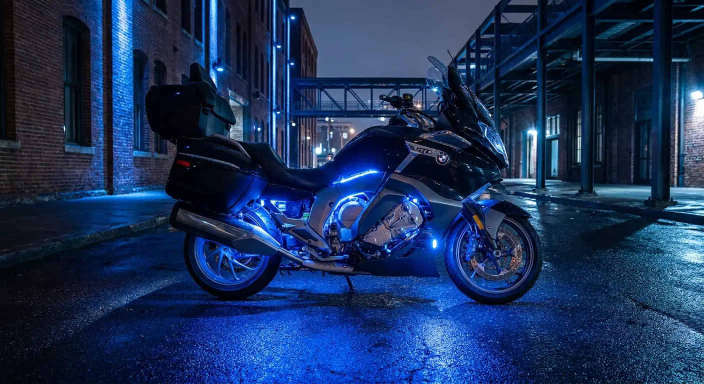 Frame-mounted LED glow tubes on motorcycle