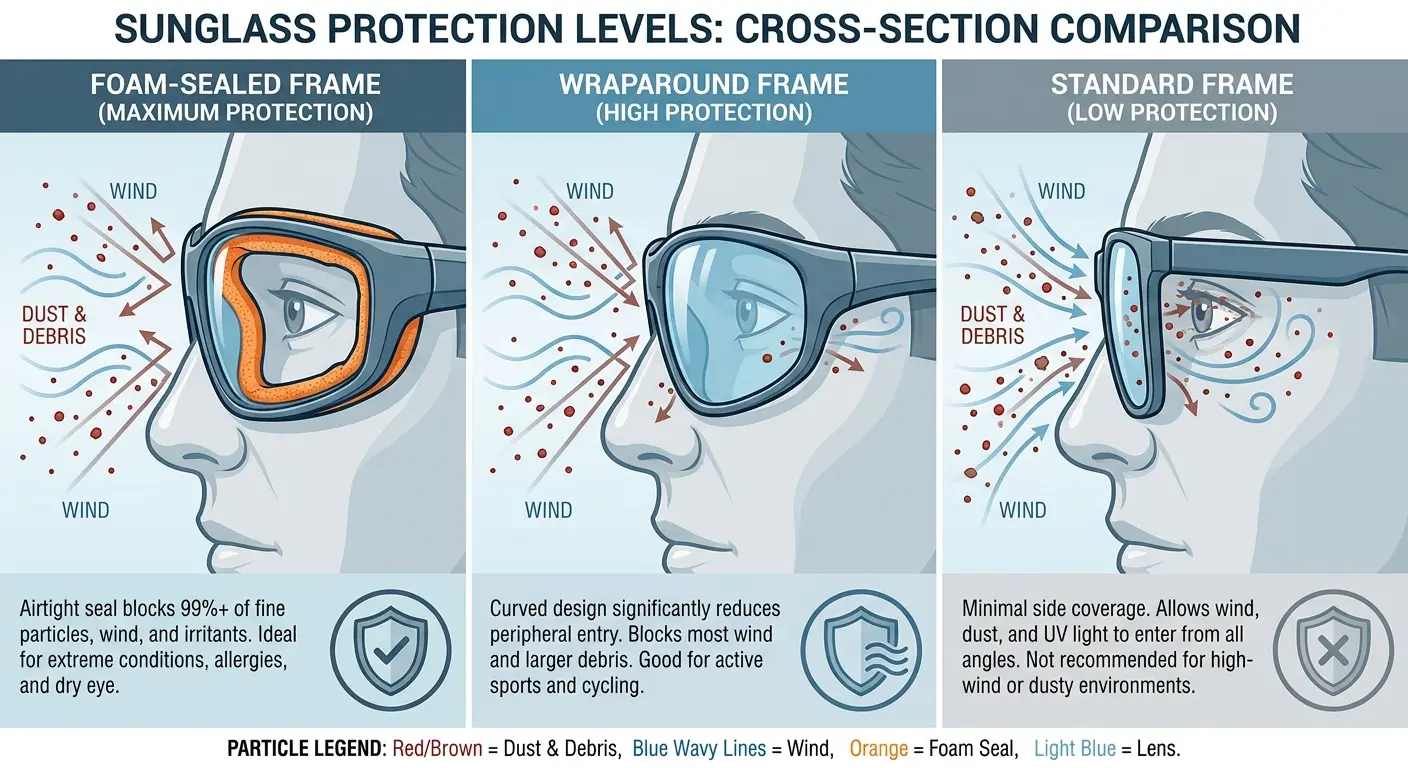 Foam-sealed motorcycle sunglasses blocking wind and debris