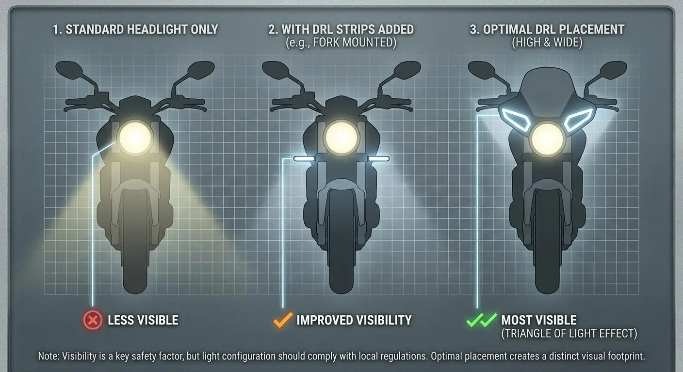Daytime running LED light strips on motorcycle