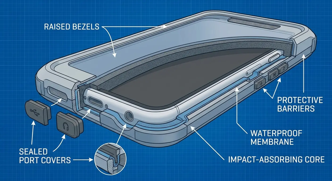 Rugged phone case water protection features