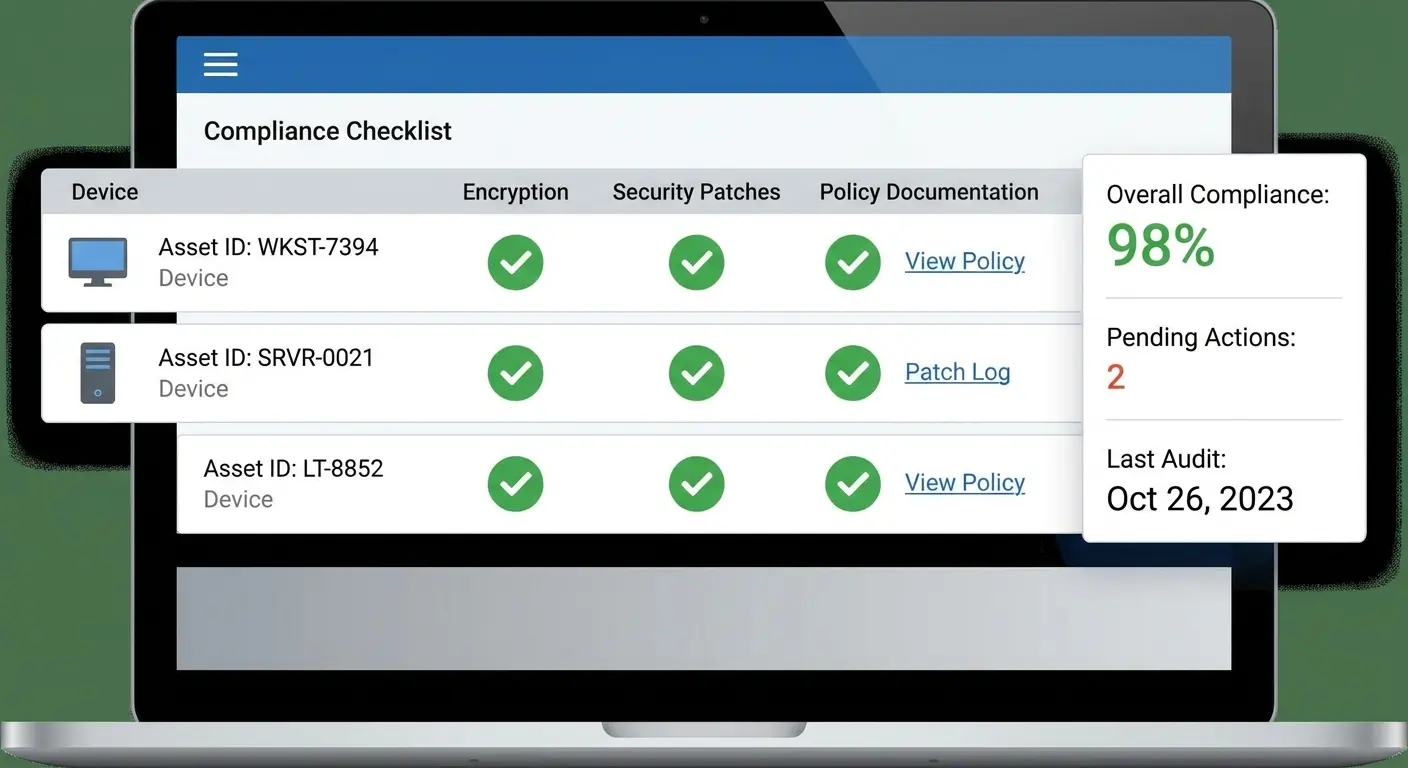 Compliance report showing device encryption status, signed policies, and security configurations with automated documentation links