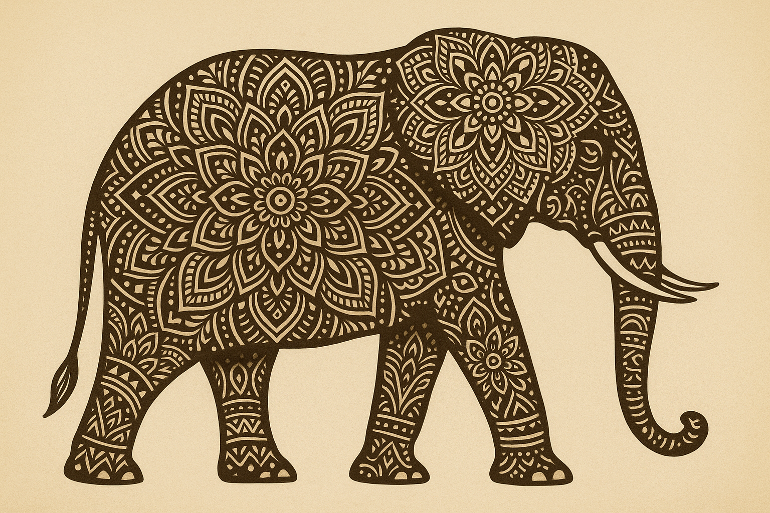 Elephant design with intricate mandala patterns and spiritual symbolism