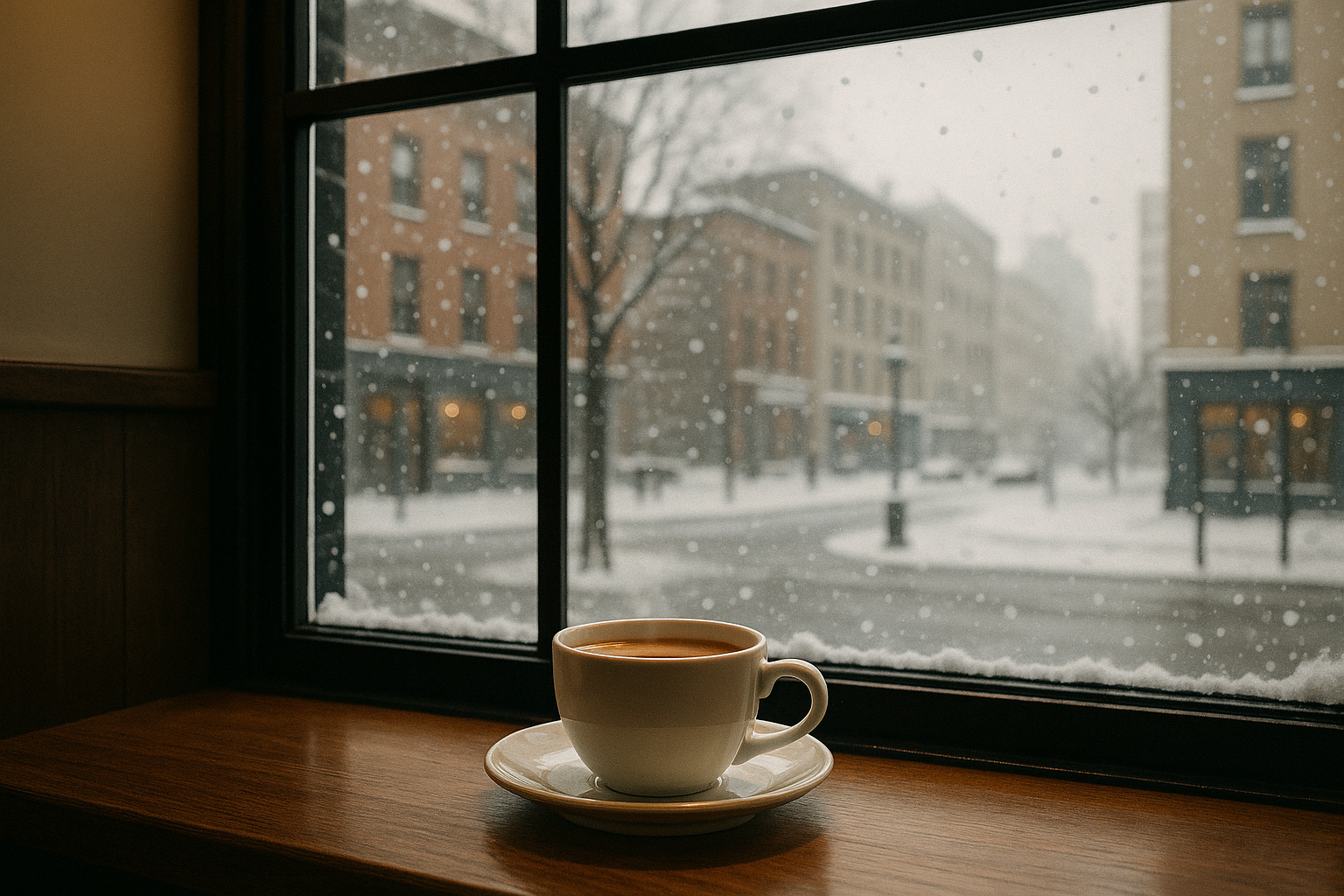 View from inside coffee shop window showing falling snow outside
