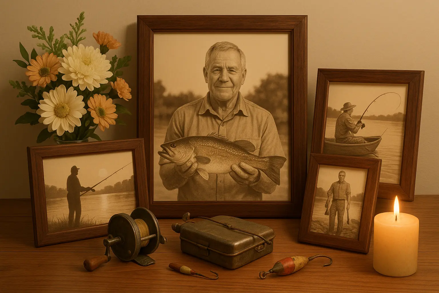Memorial display with fishing photos and equipment