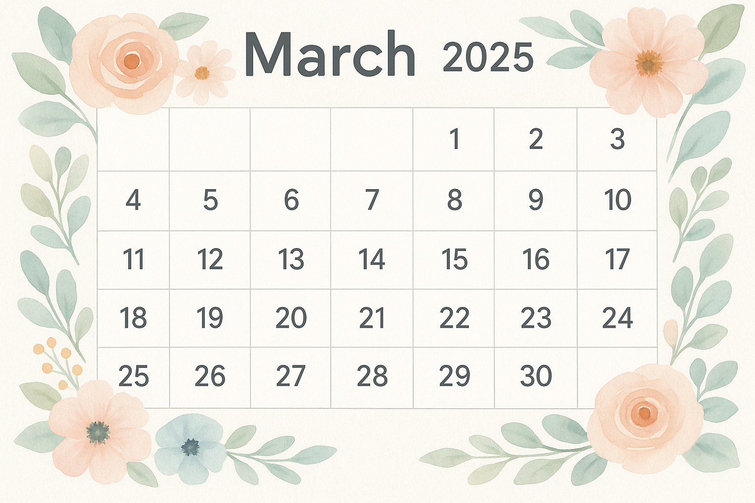 March 2025 calendar with watercolor flowers