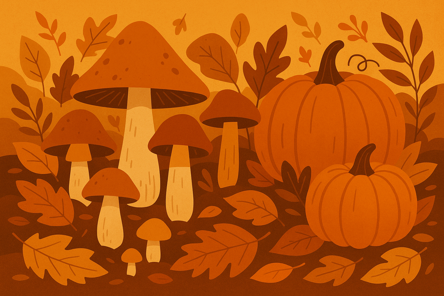 Autumn mushroom harvest scene with fallen leaves and warm colors