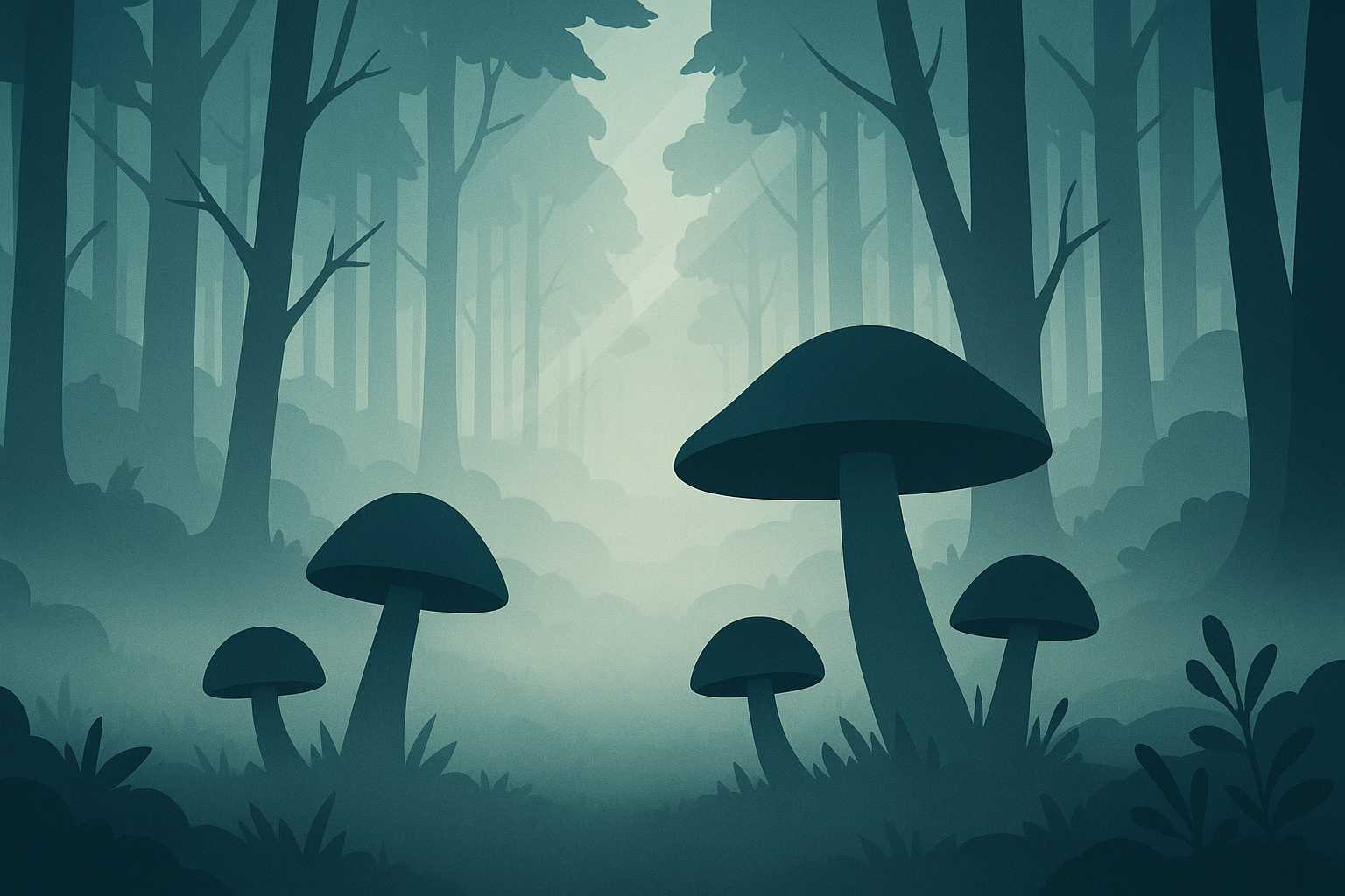 Misty woodland scene with mushrooms emerging from fog