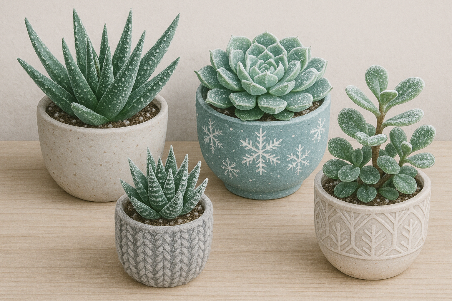Winter succulents and plants arranged in cozy indoor setting