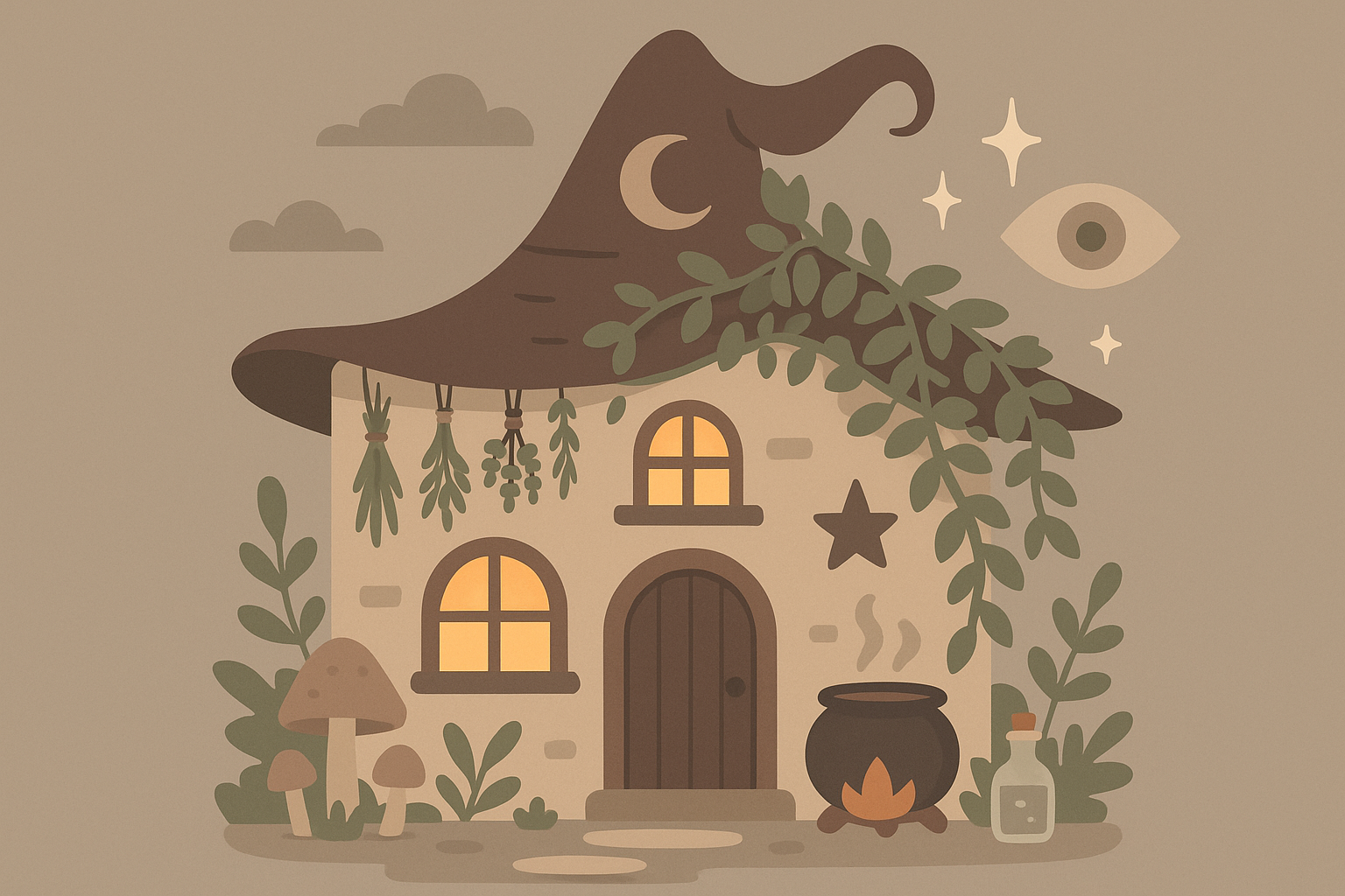 Cute cartoon witch cats with magical accessories in pastel colors