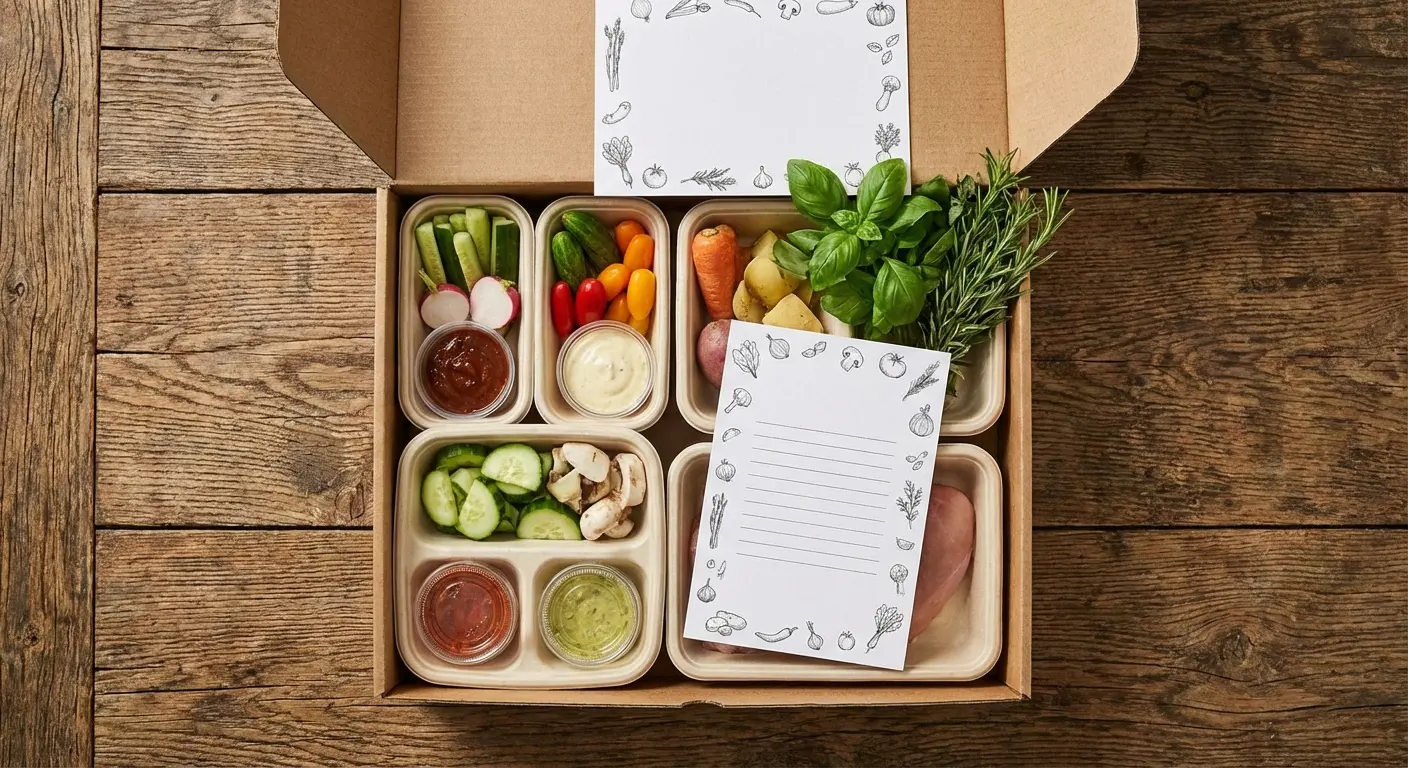 Meal kit box open on a kitchen counter with fresh ingredients