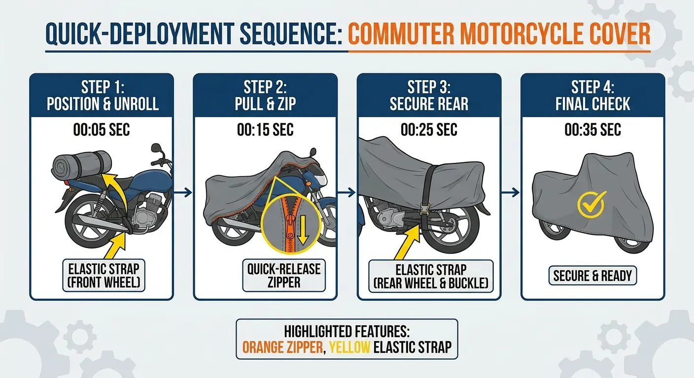 Quick-access motorcycle cover for commuters