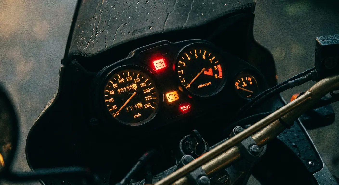 Motorcycle dashboard warning lights illuminated