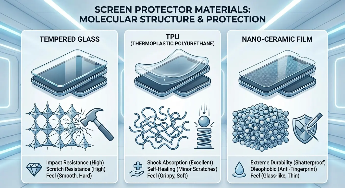 Different screen protector material types laid out for comparison