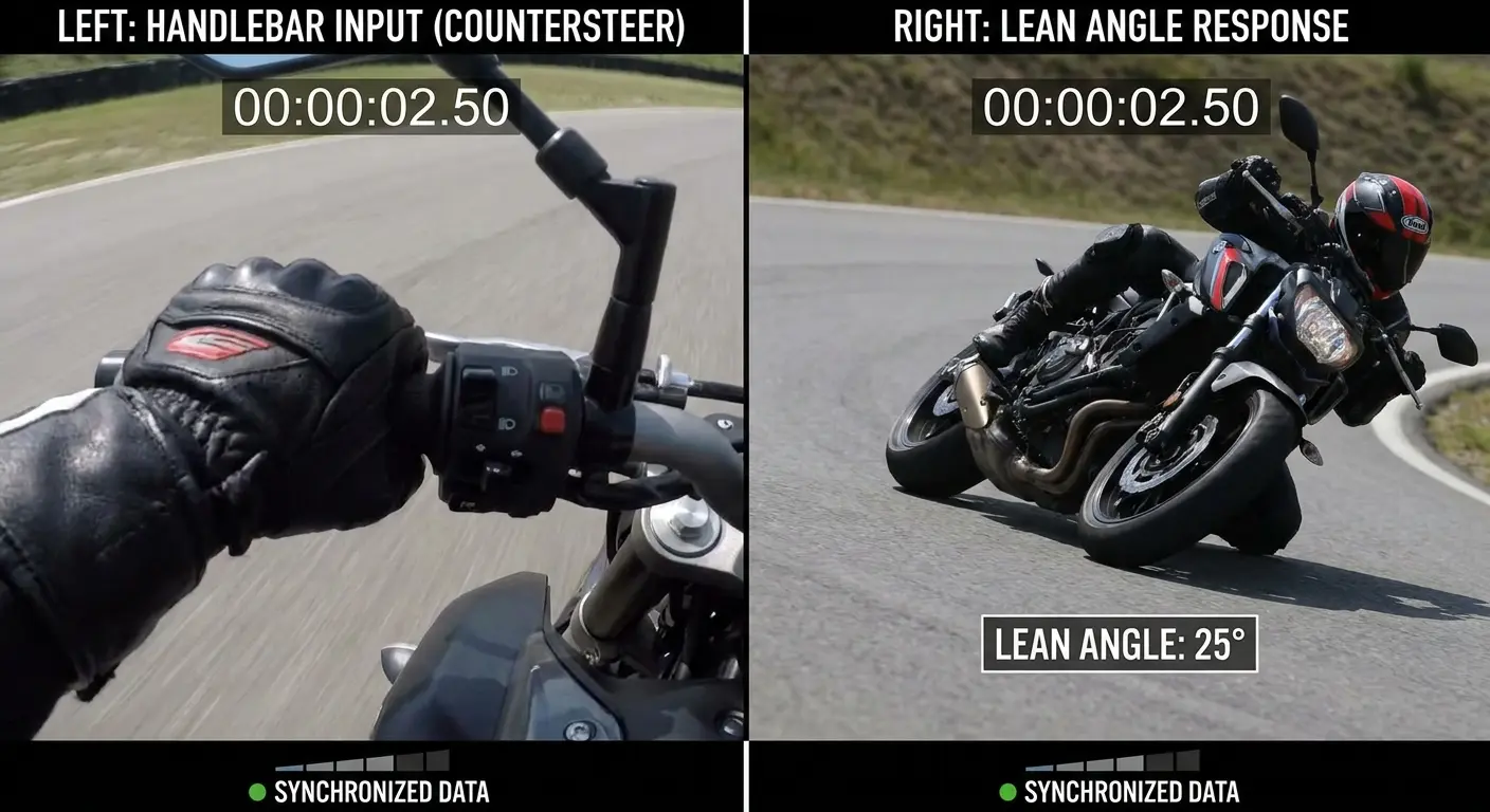 Handlebar camera view showing rider's hands during turn