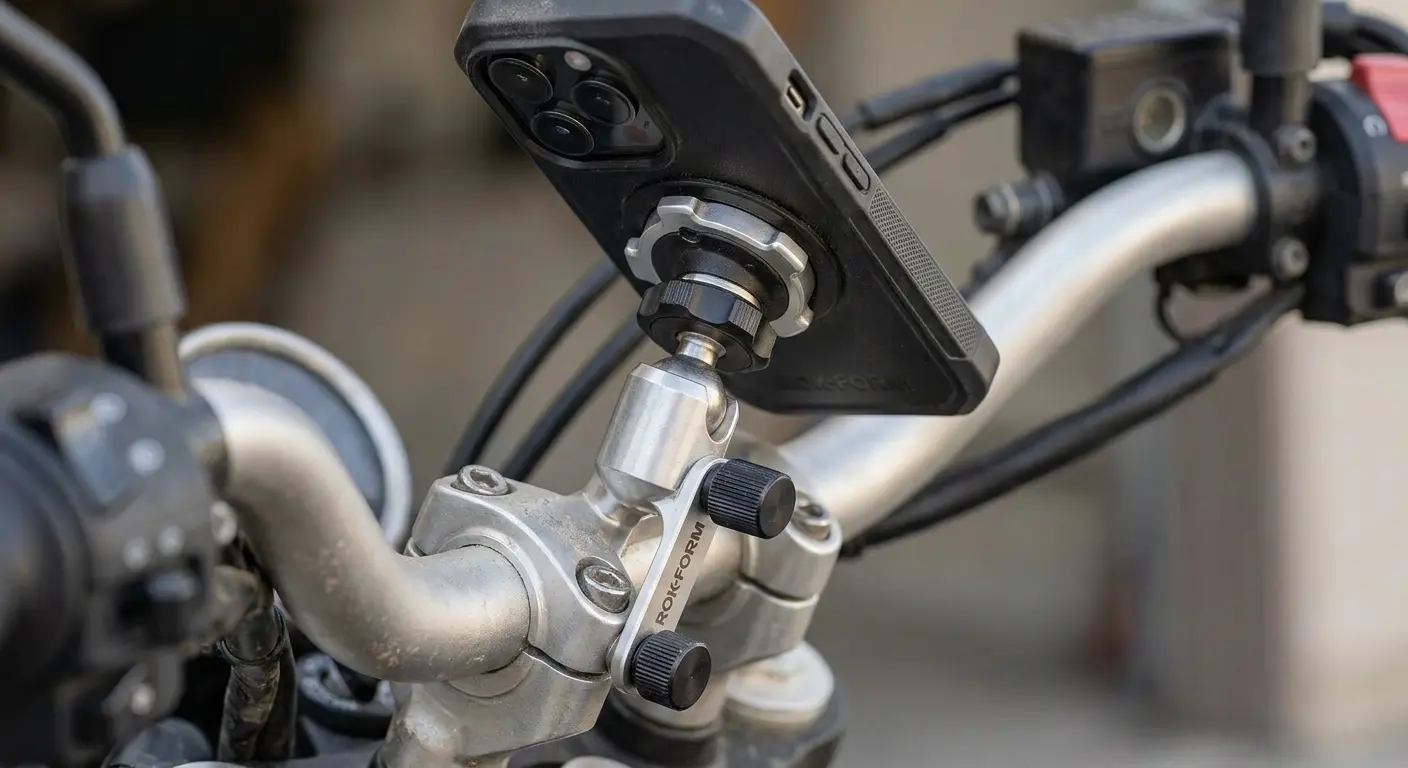 Rokform motorcycle phone mount installed on handlebars