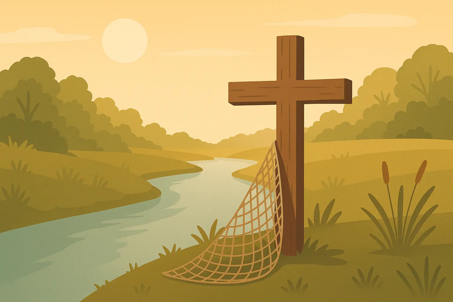 Cross reflected in water representing Christian fishing symbolism