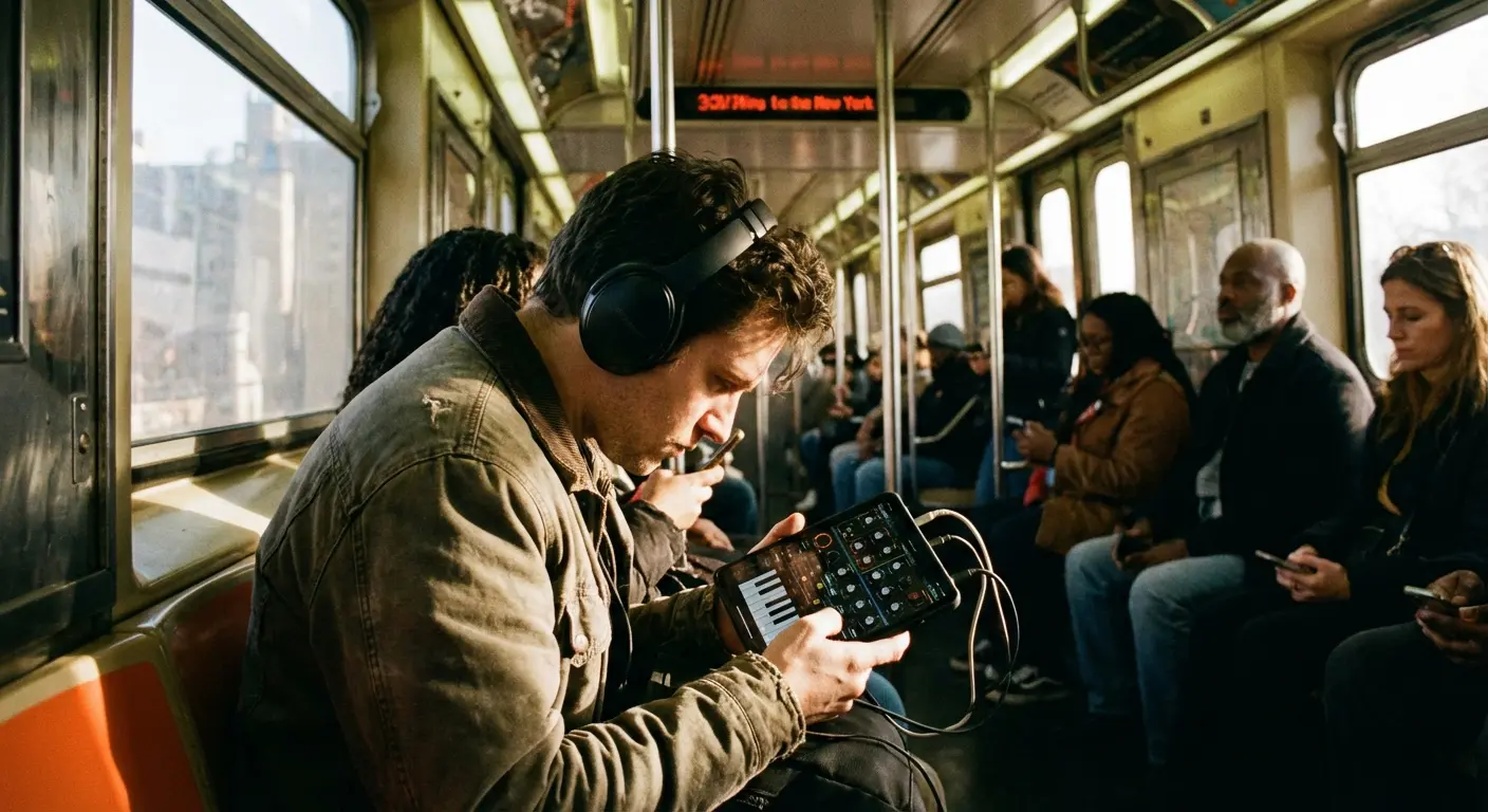 Person using music making apps on a smartphone while commuting on a train