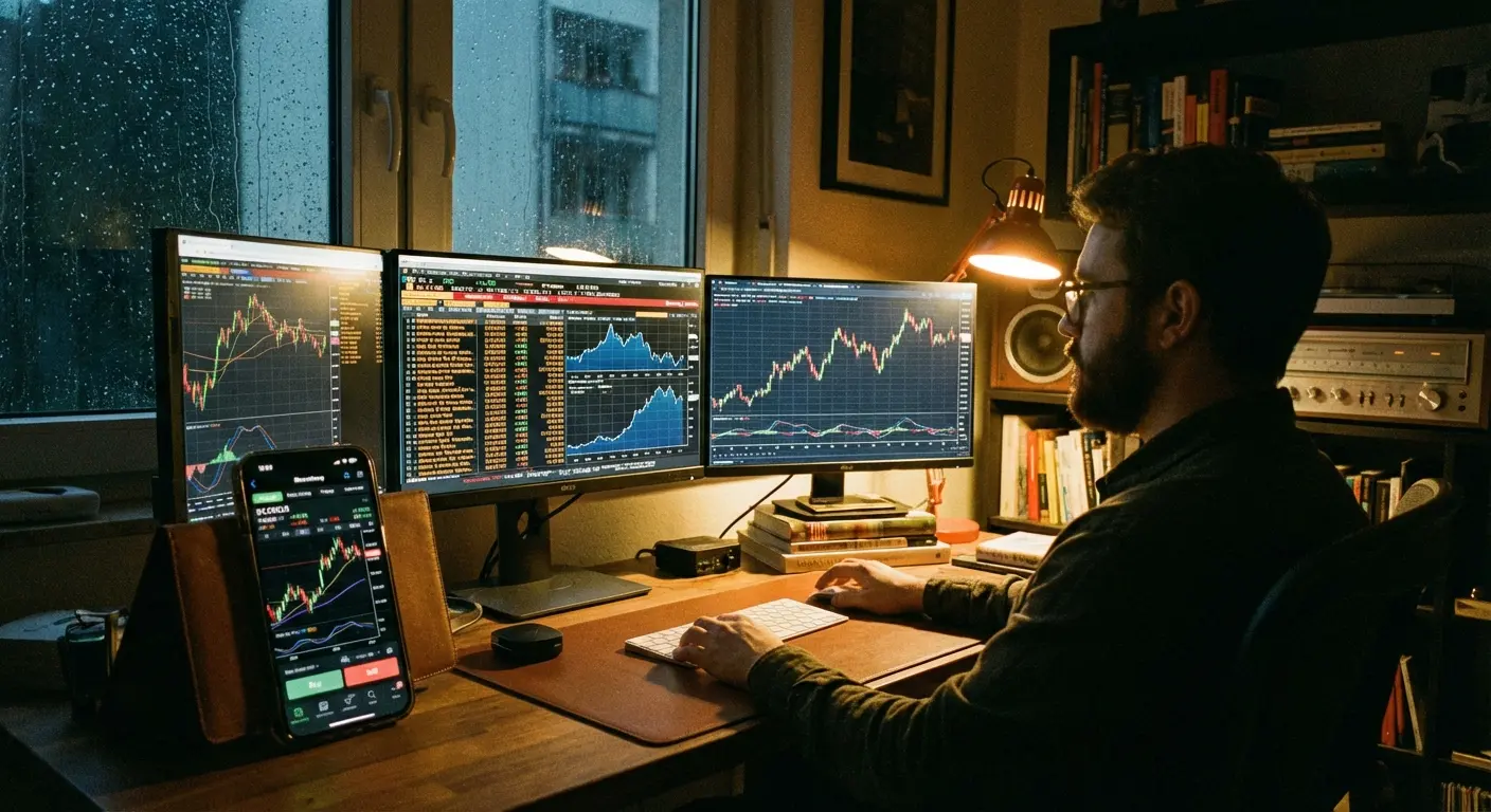 Multiple monitors displaying advanced stock trading charts and data