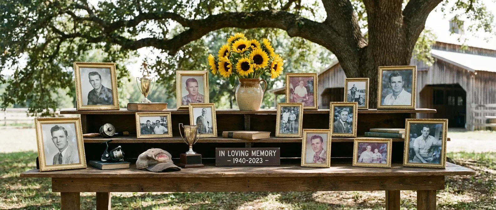 Multi-tiered memorial tribute table with framed photos and candles