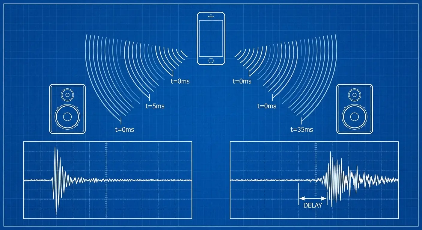 Diagram showing Bluetooth audio latency between multiple speakers