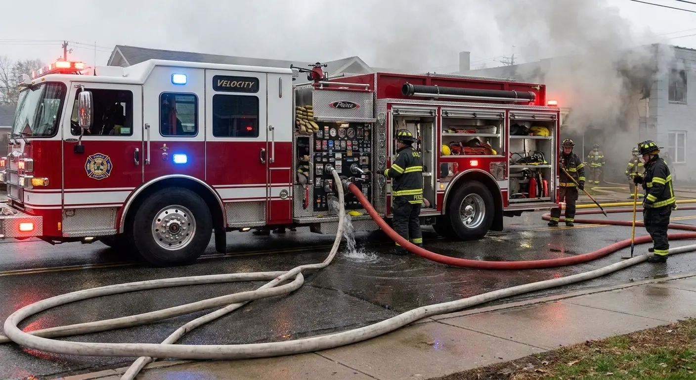Fire apparatus pumper truck emergency vehicle with pump panel visible