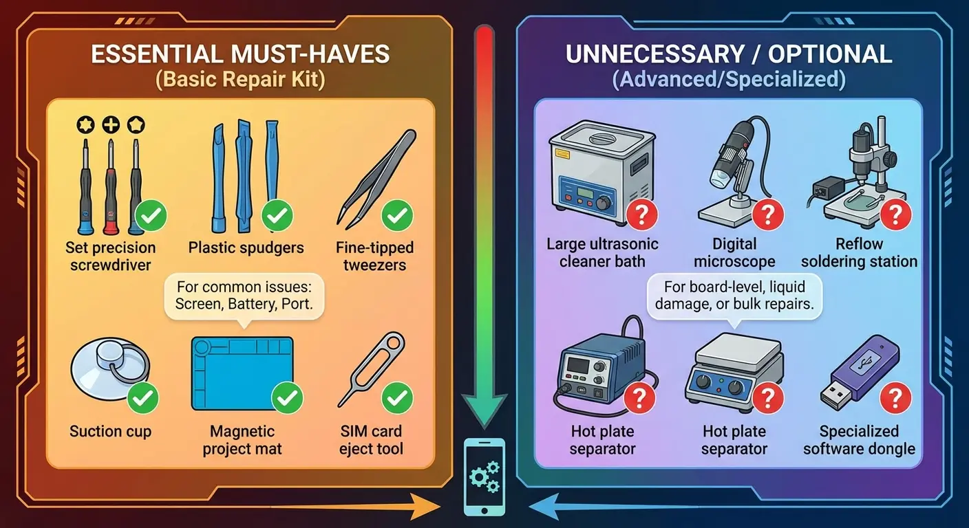 Essential phone repair tools organized on mat