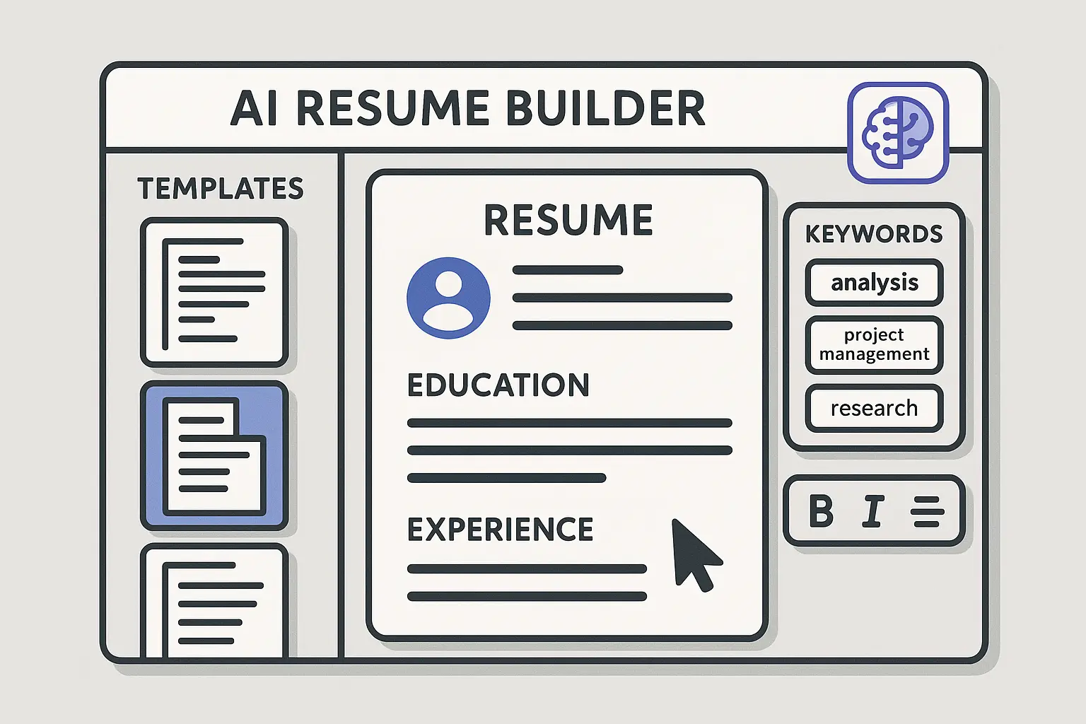 AI-powered resume builder interface showing server resume creation