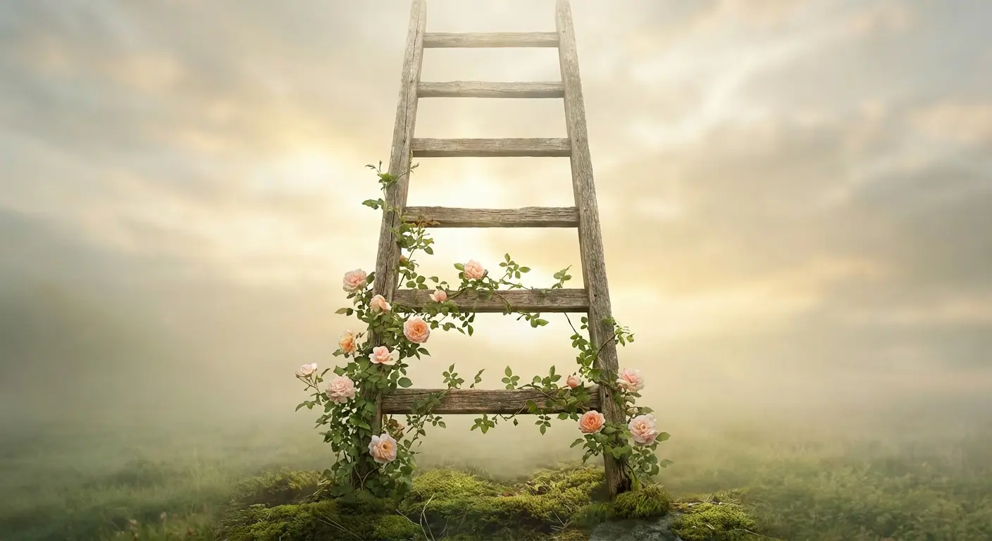 A grandmother helping a grandchild climb a ladder, symbolizing support