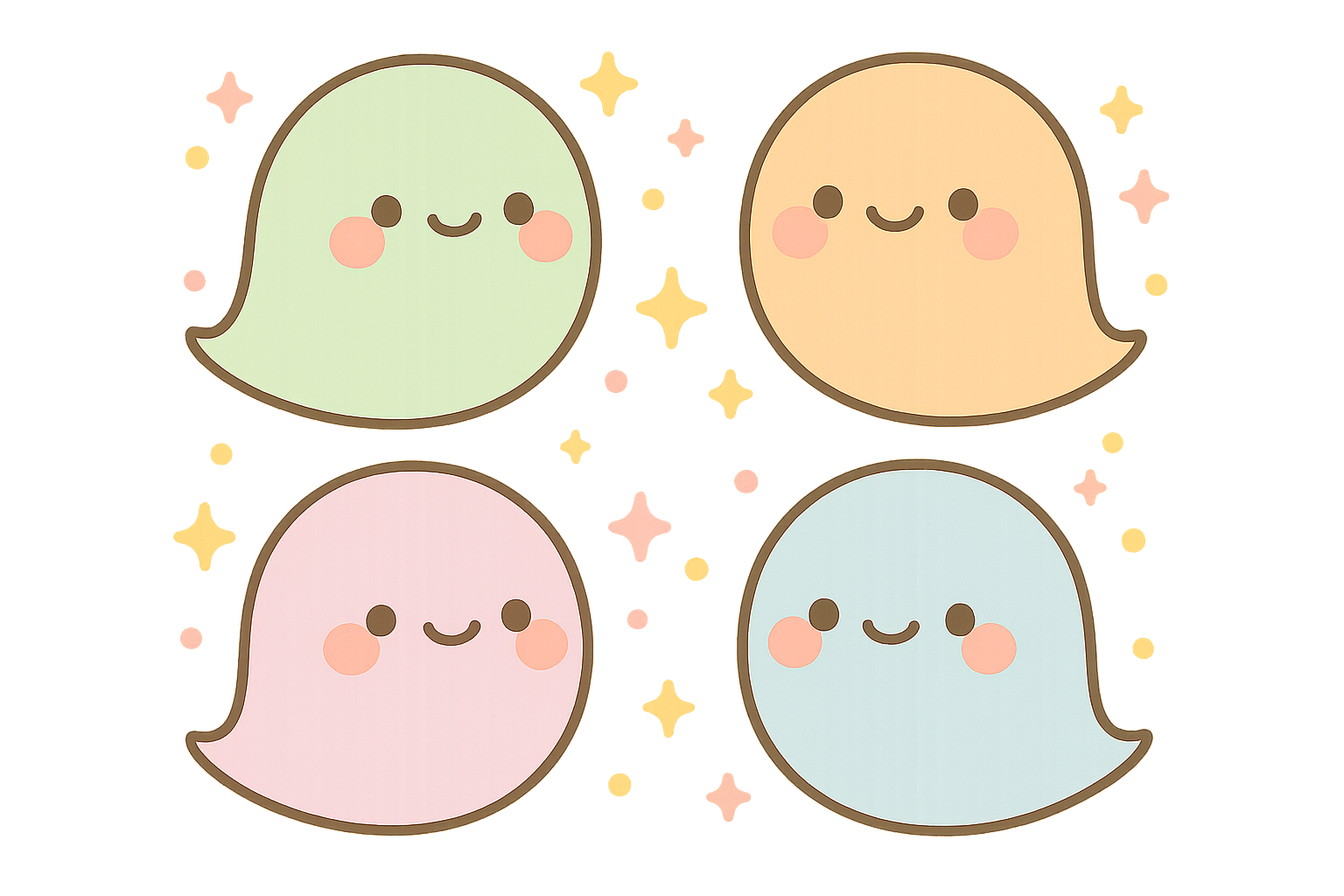 Kawaii ghost friends with rosy cheeks and pastel backgrounds