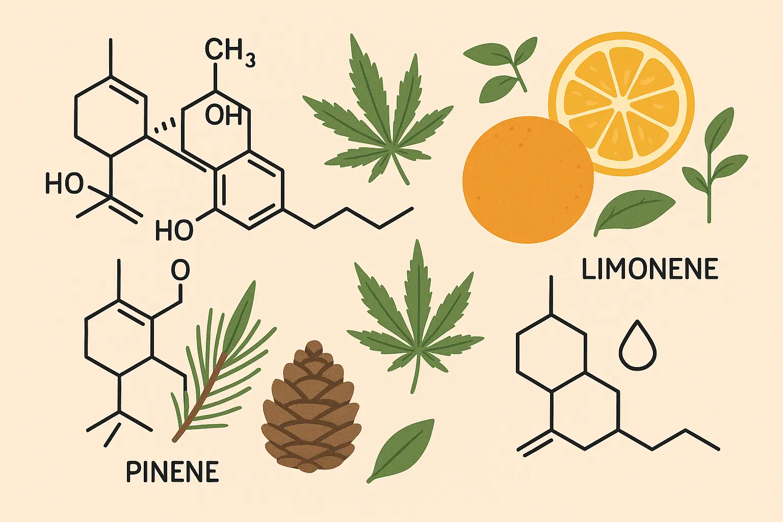 Scientific diagram showing Master Kush terpene and cannabinoid profile