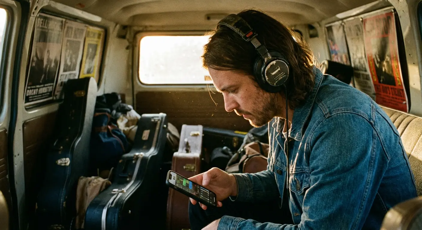 Musician working on a mobile phone in a van