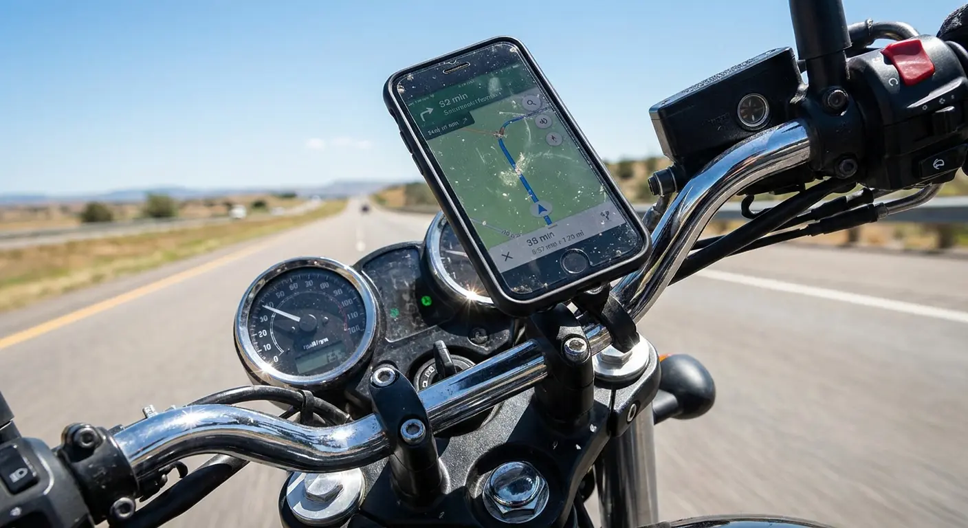 Rokform magnetic phone mount installed on Indian Scout handlebar with RAM ball adapter