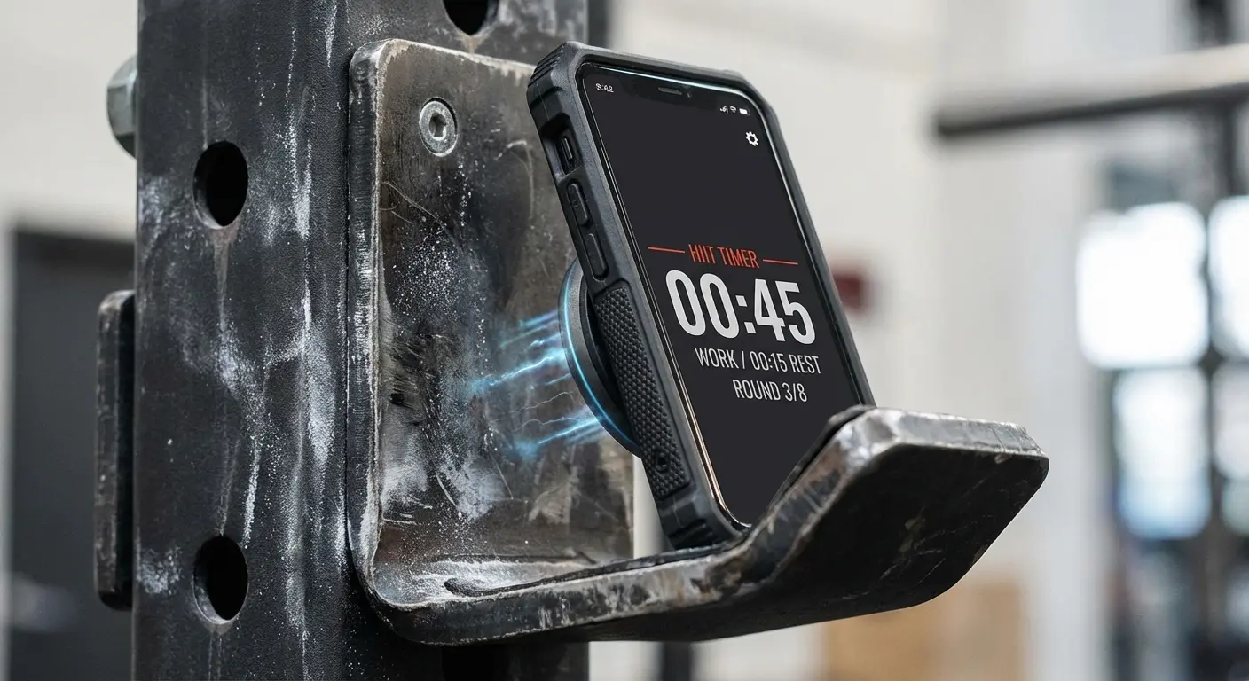 iPhone mounted to metal surface with Rokform case