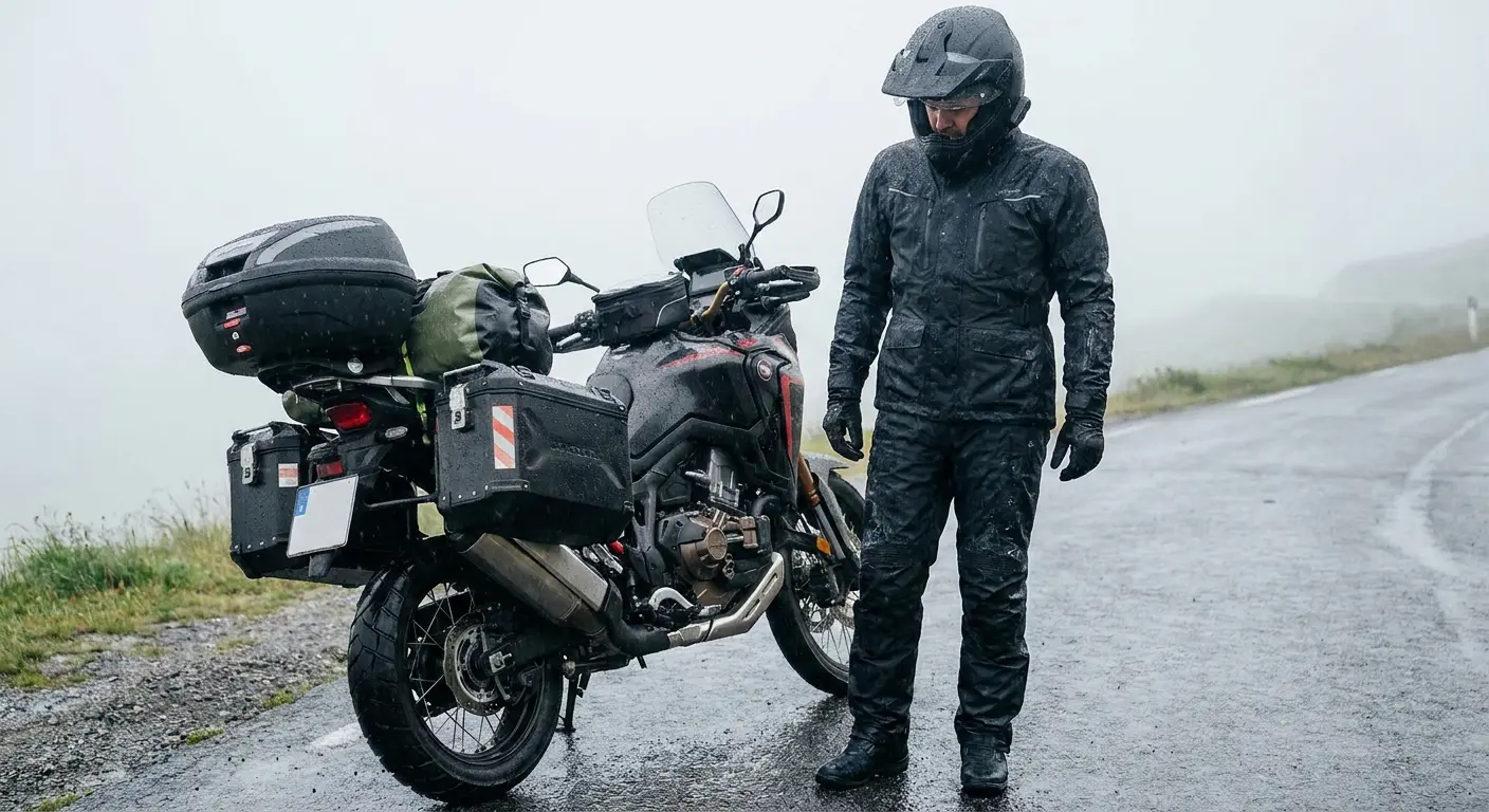 Motorcycle rain gear on wet road