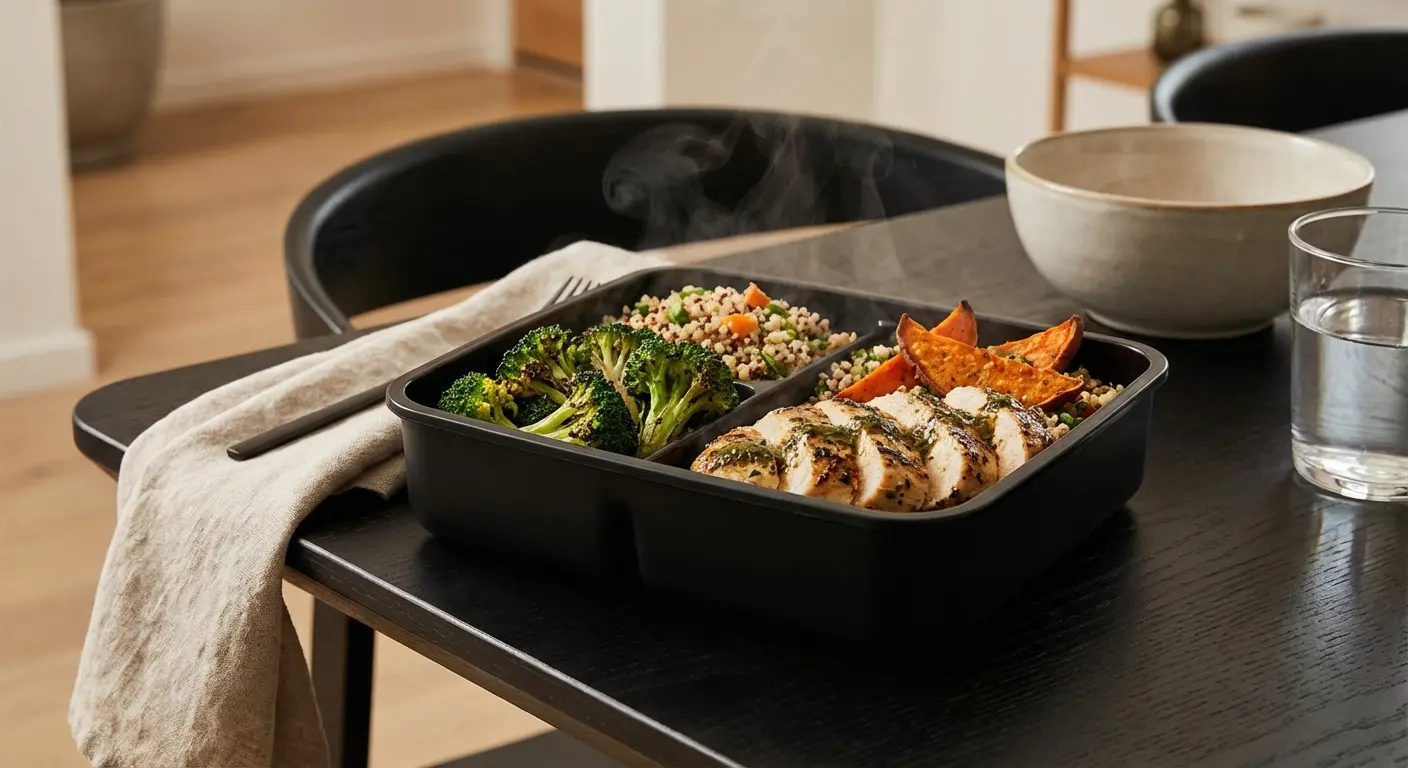 Prepared meals stacked neatly in containers ready for heating