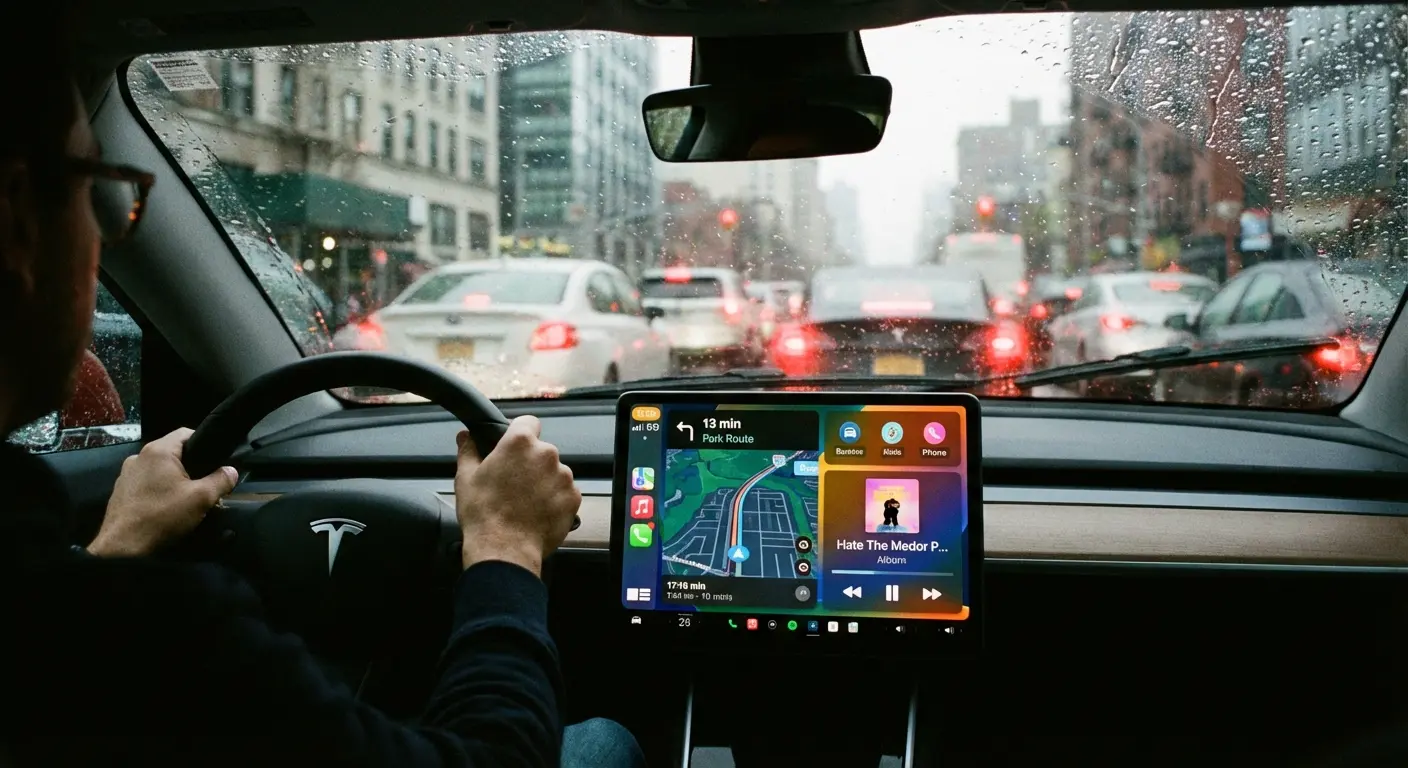 A driver looking frustrated in traffic, fiddling with the car radio