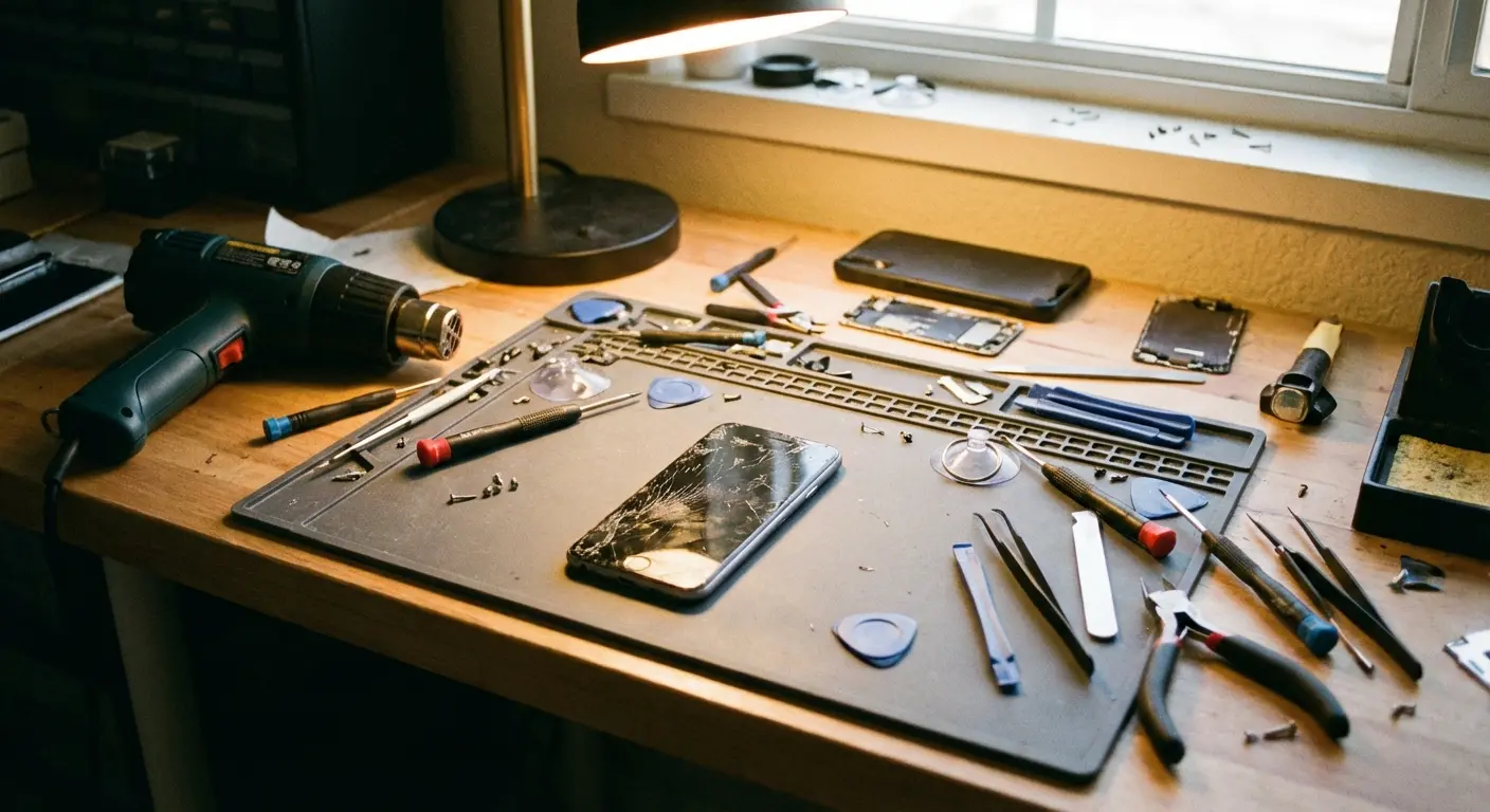 Phone repair tools scattered on workbench