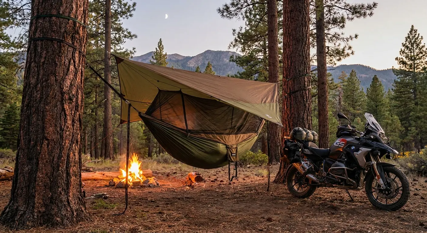 Hammock camping setup between trees