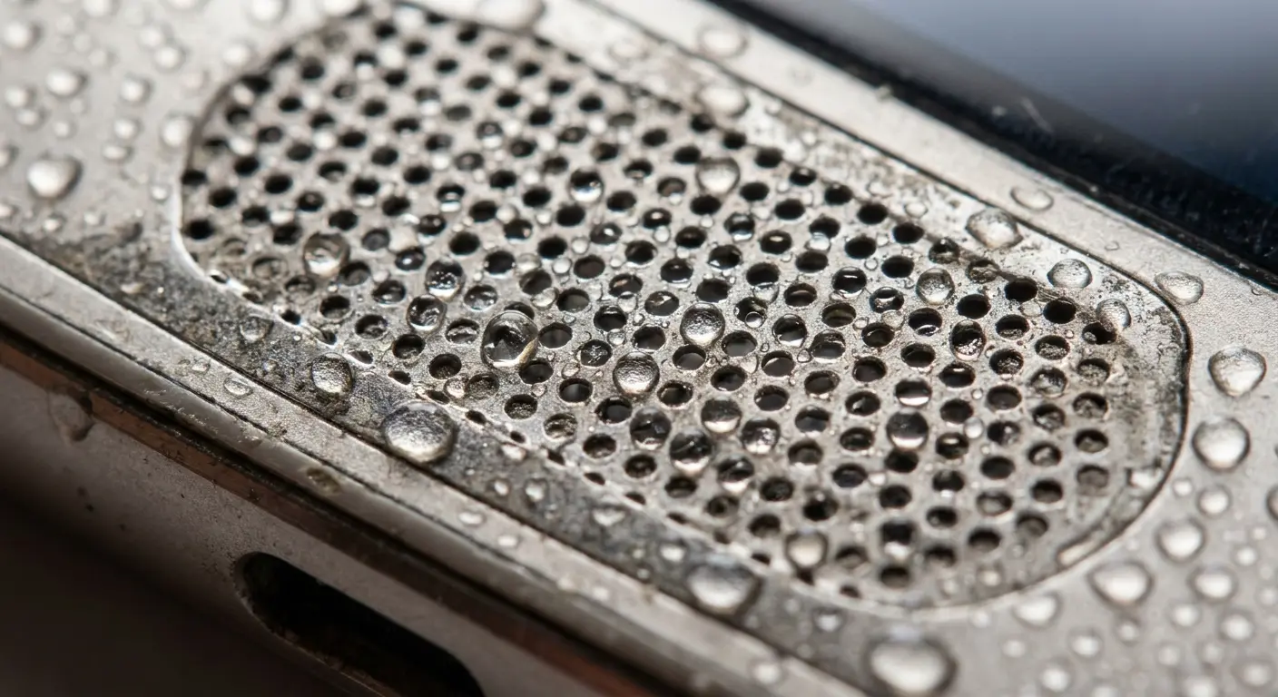 Smartphone speaker grille water damage close-up