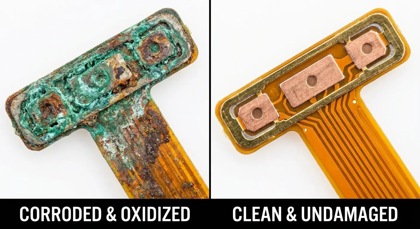 Corroded phone button flex cable close-up