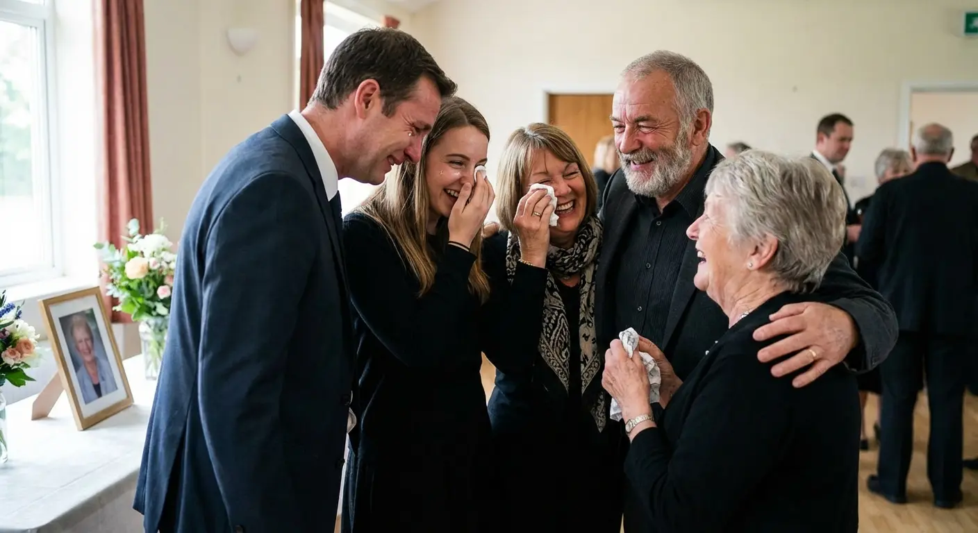 Audience laughing at a funny eulogy story