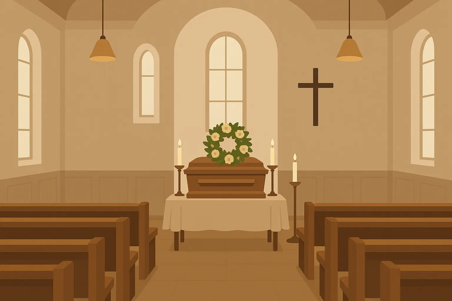 Funeral service setting with flowers and memorial photos