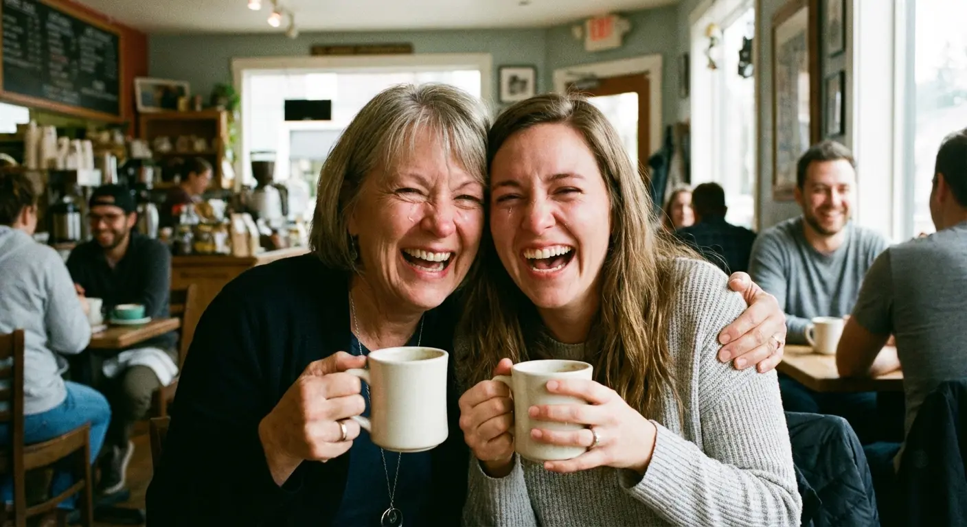 A mother and adult daughter laughing together at a coffee shop